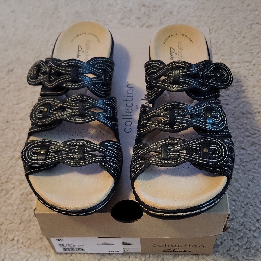 Clarks Black Slide Sandals with Braided Straps